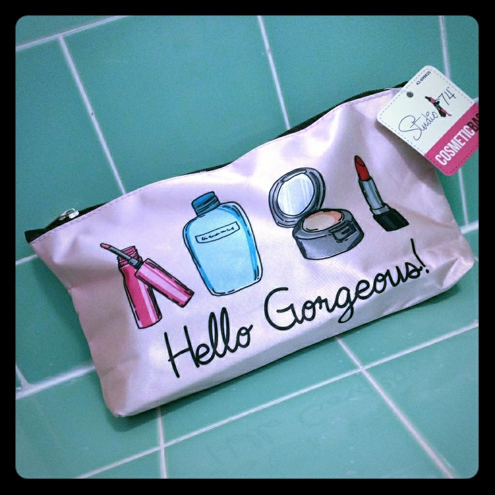 Light pink satin "Hello Gorgeous" make up bag
